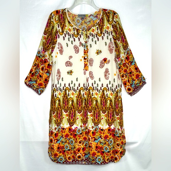 Figueroa & Flower Yellow Pink Floral Paisley Shirt Dress Bohemian‎ Sz L - Picture 1 of 8